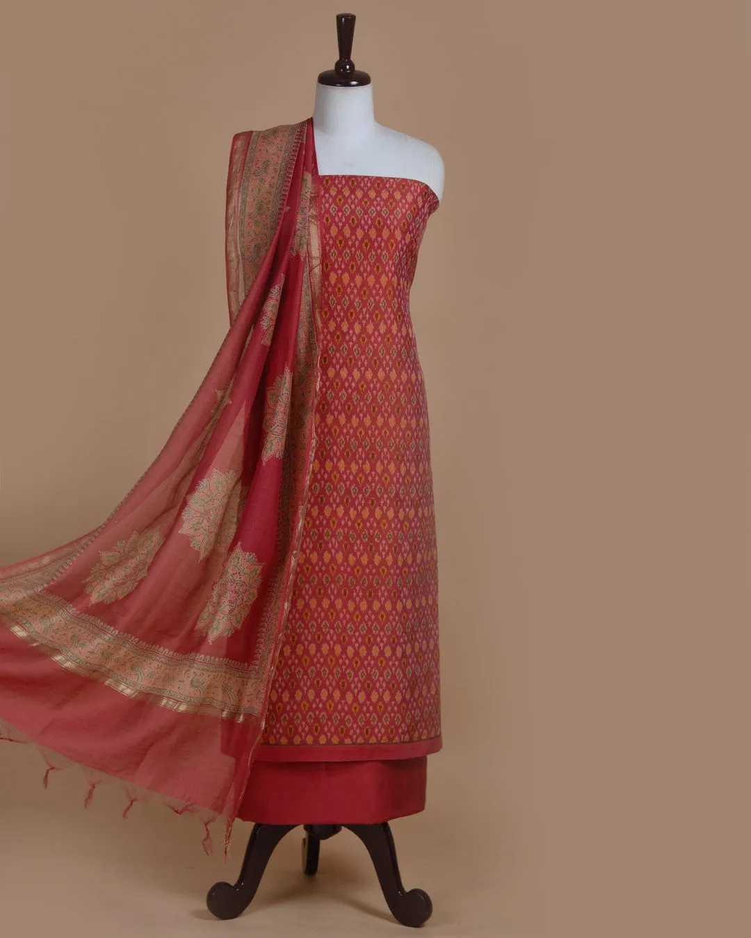 Pink With Yellow Chanderi Silk Ikat Unstitched Suit Fabric Set With Chanderi Dupatta