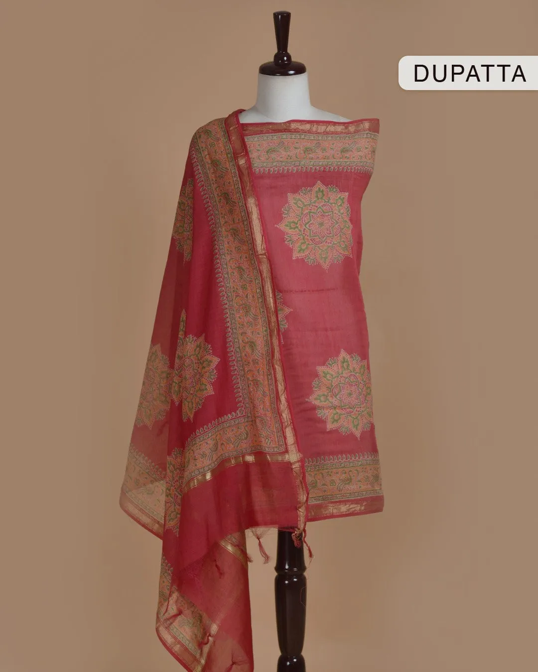 Pink With Yellow Chanderi Silk Ikat Unstitched Suit Fabric Set With Chanderi Dupatta