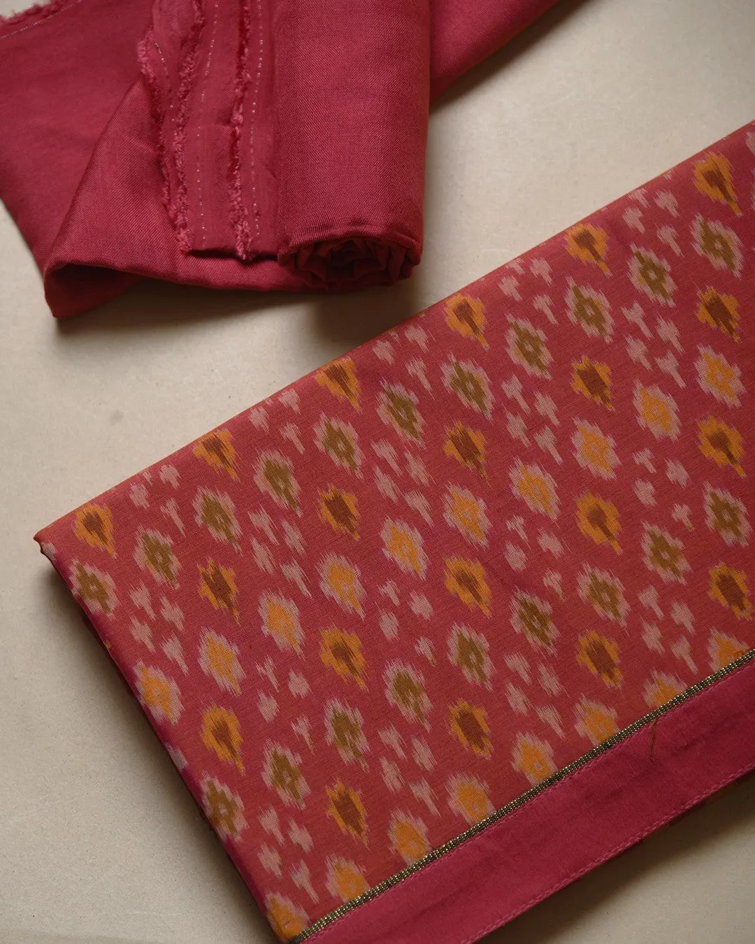 Pink With Yellow Chanderi Silk Ikat Unstitched Suit Fabric Set With Chanderi Dupatta