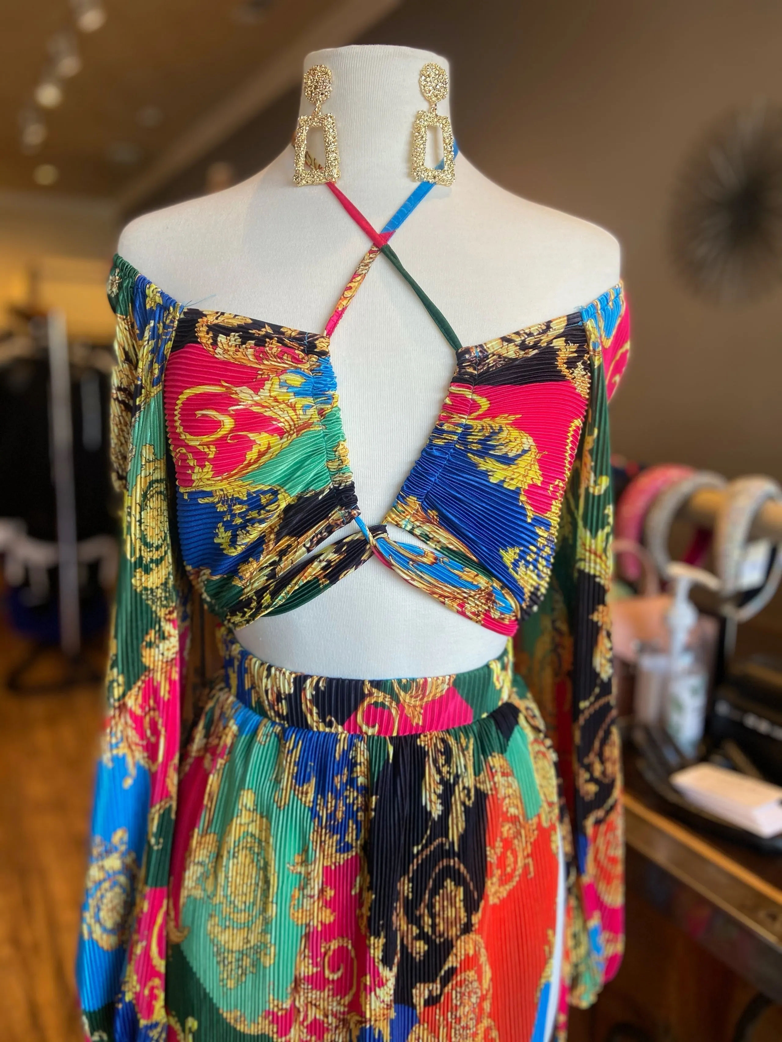 Pleated Printed Lace Up Dress