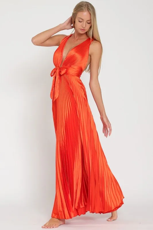 Pleated satin rust dress