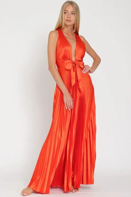 Pleated satin rust dress