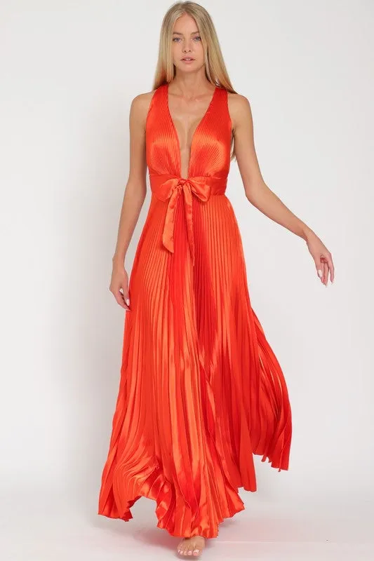Pleated satin rust dress