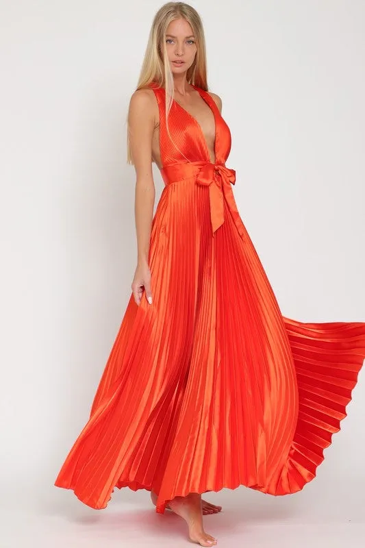 Pleated satin rust dress