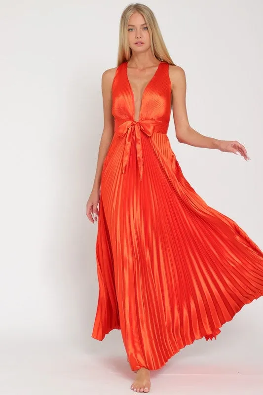 Pleated satin rust dress