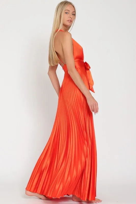 Pleated satin rust dress