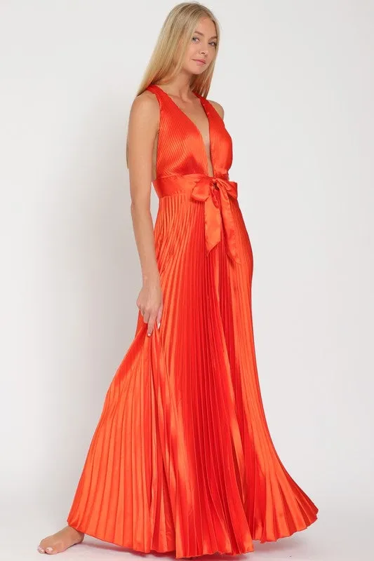 Pleated satin rust dress
