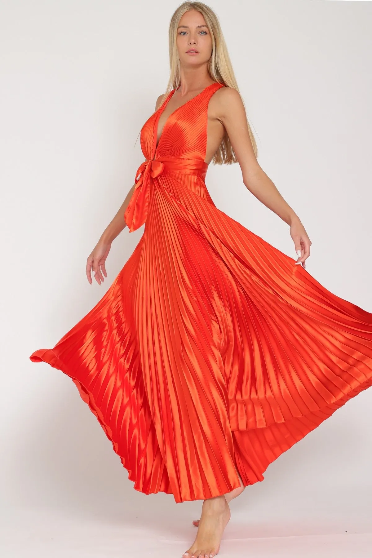 Pleated satin rust dress