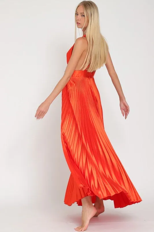 Pleated satin rust dress
