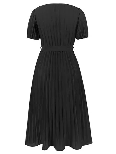 Pleated Surplice Tie Waist Midi Dress