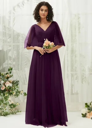 Plum Ruffle Sleeves Tulle Maxi Bridesmaid Dresses With Pocket