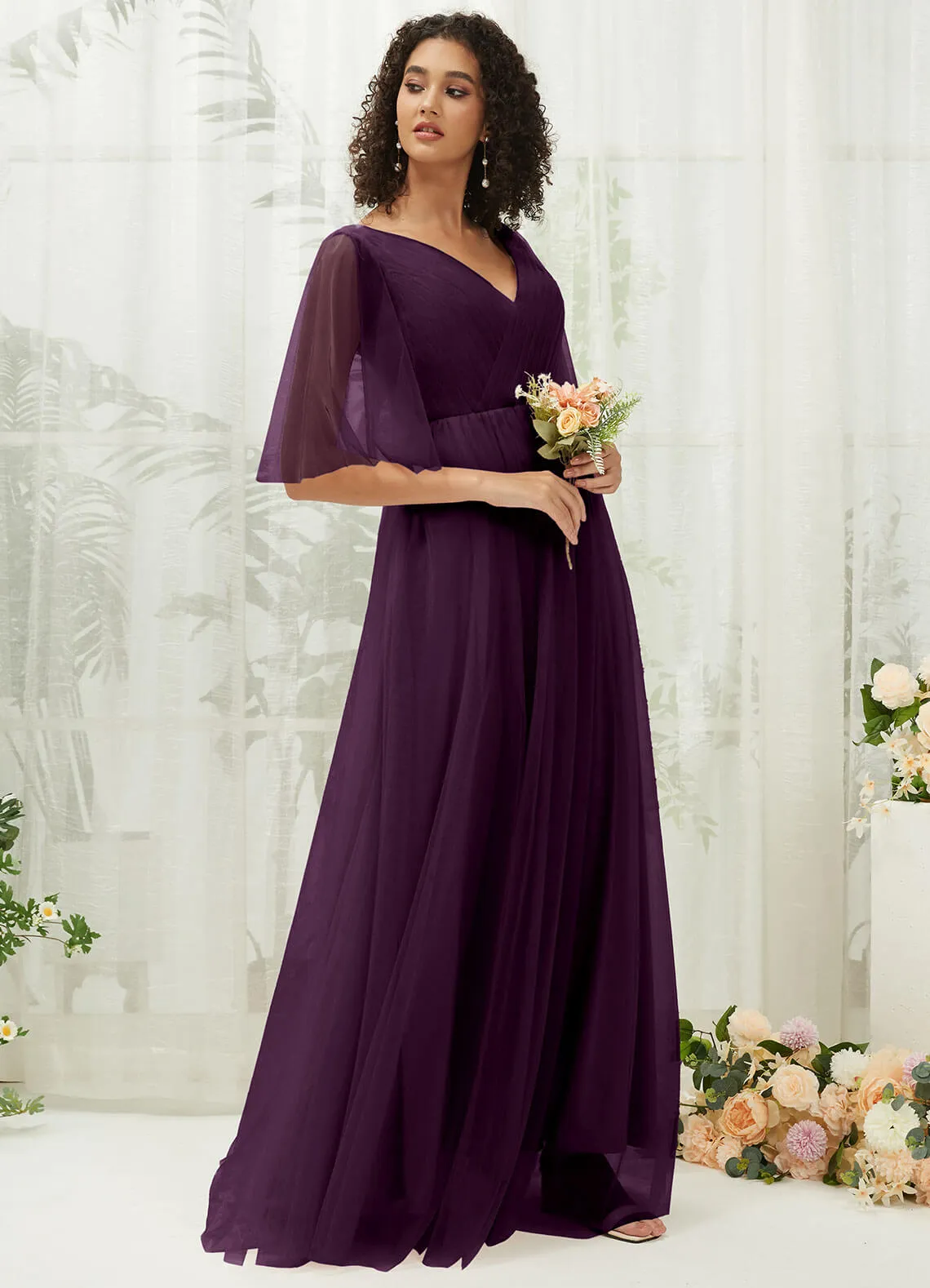 Plum Ruffle Sleeves Tulle Maxi Bridesmaid Dresses With Pocket