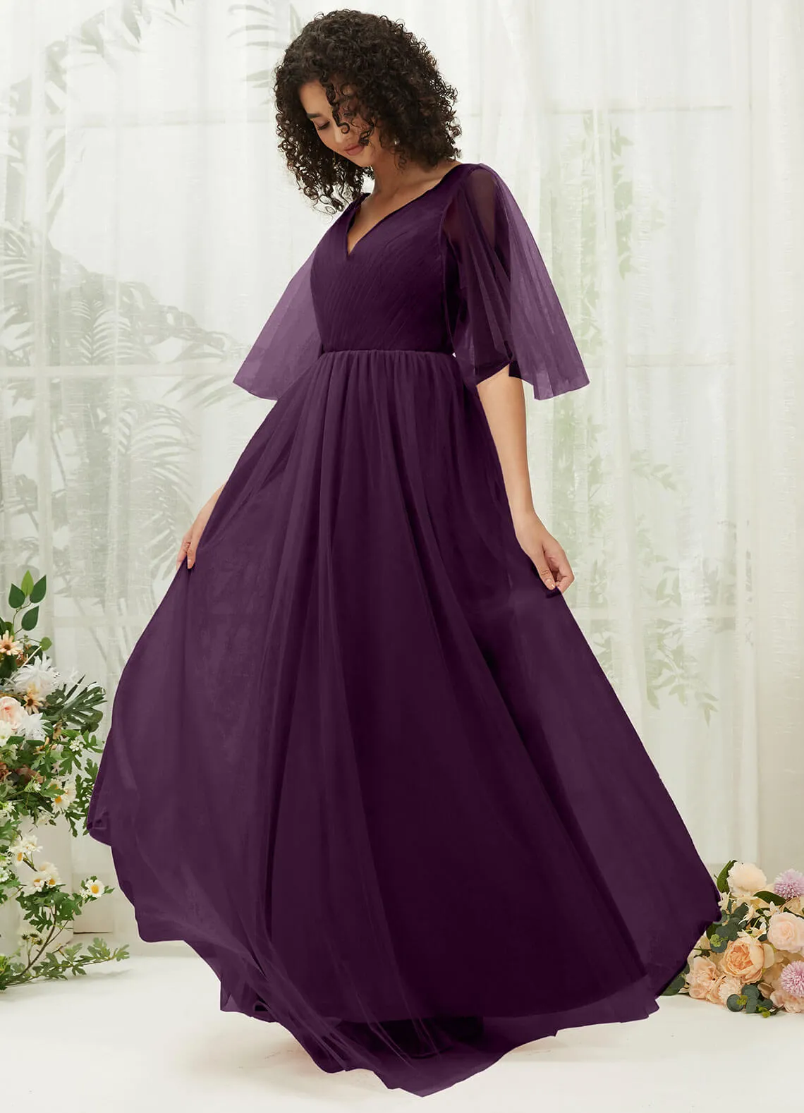 Plum Ruffle Sleeves Tulle Maxi Bridesmaid Dresses With Pocket