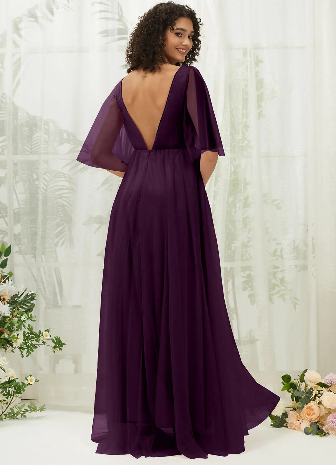 Plum Ruffle Sleeves Tulle Maxi Bridesmaid Dresses With Pocket