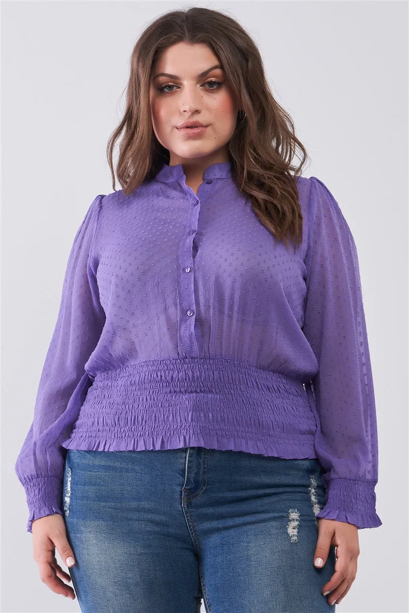 Plus Size Mesh Polka Dot Balloon Sleeve Button-down Smock Detail Blouse Top
