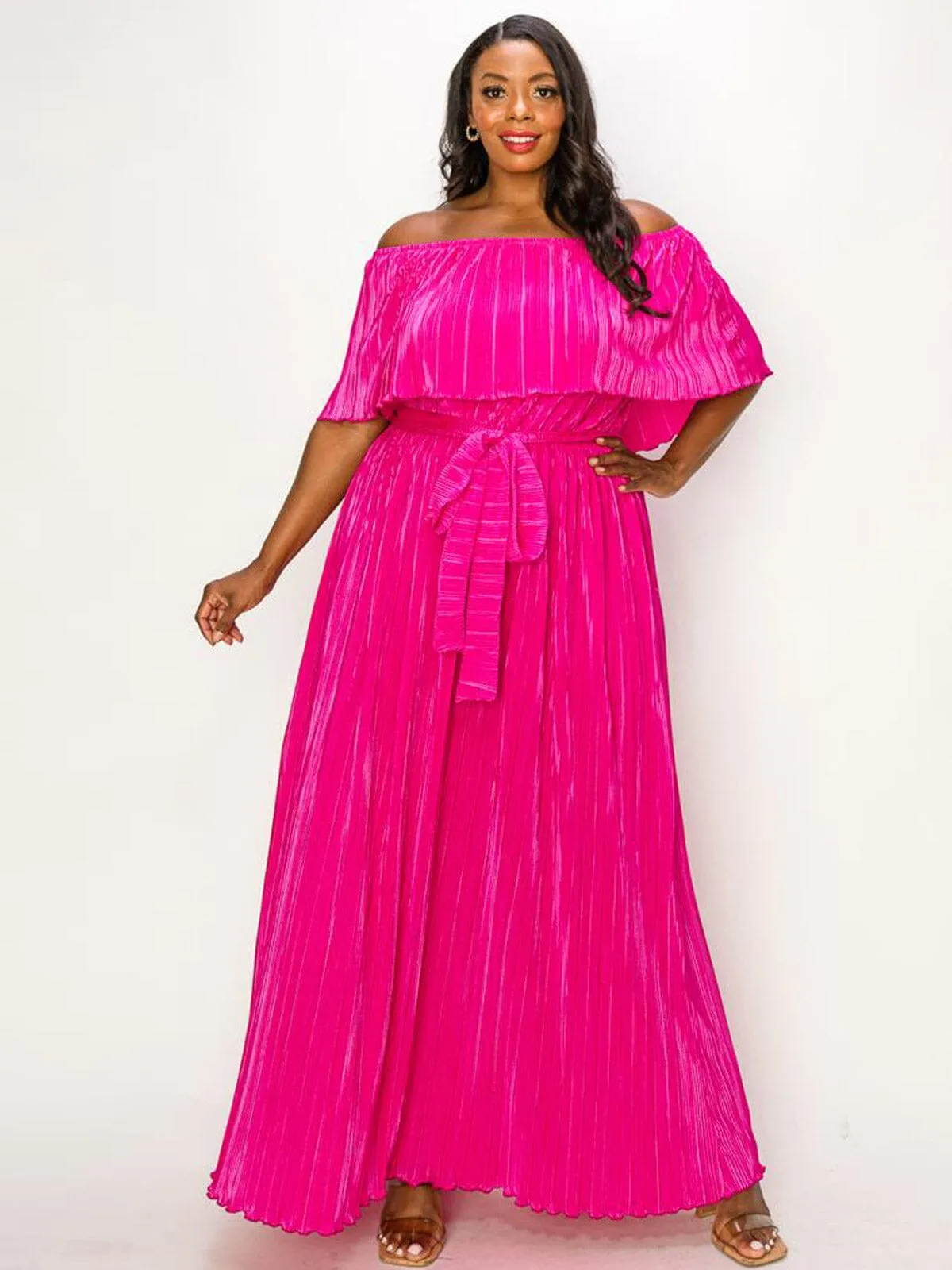 PLUS SIZE OFF SHOULDER RUFFLE SELF TIE PLEATED MAXI DRESS