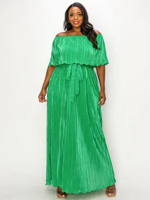 PLUS SIZE OFF SHOULDER RUFFLE SELF TIE PLEATED MAXI DRESS