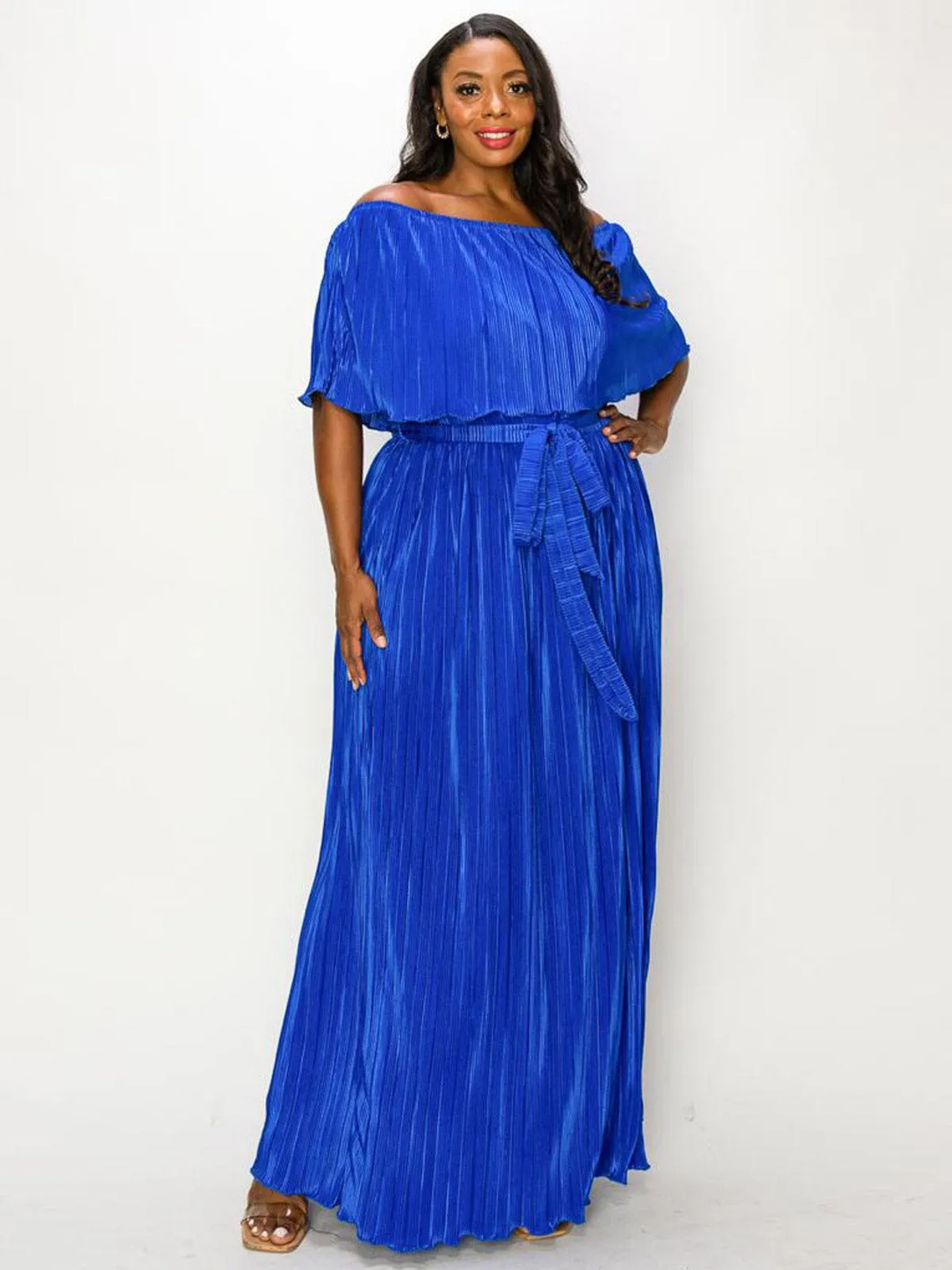 PLUS SIZE OFF SHOULDER RUFFLE SELF TIE PLEATED MAXI DRESS