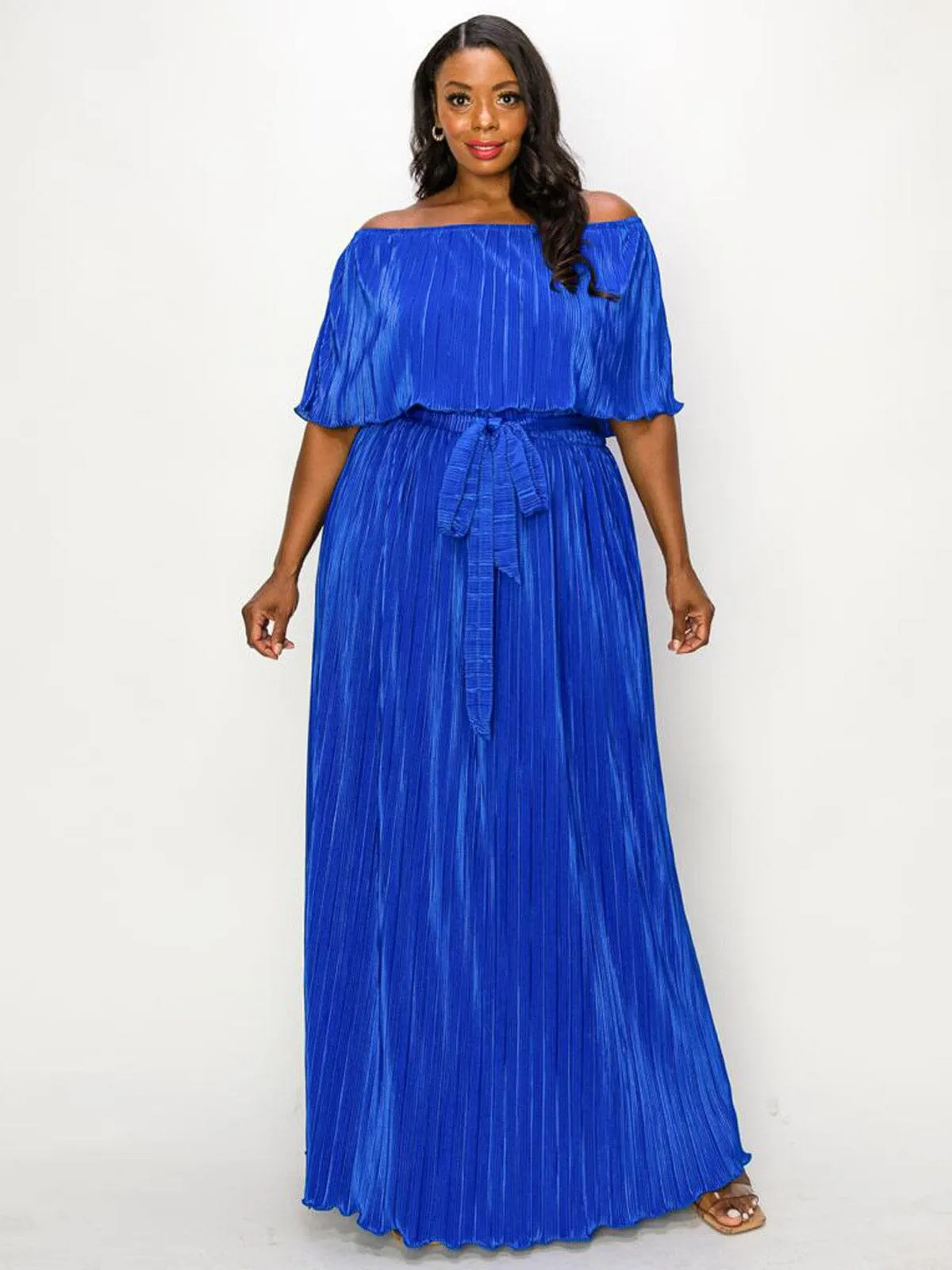 PLUS SIZE OFF SHOULDER RUFFLE SELF TIE PLEATED MAXI DRESS