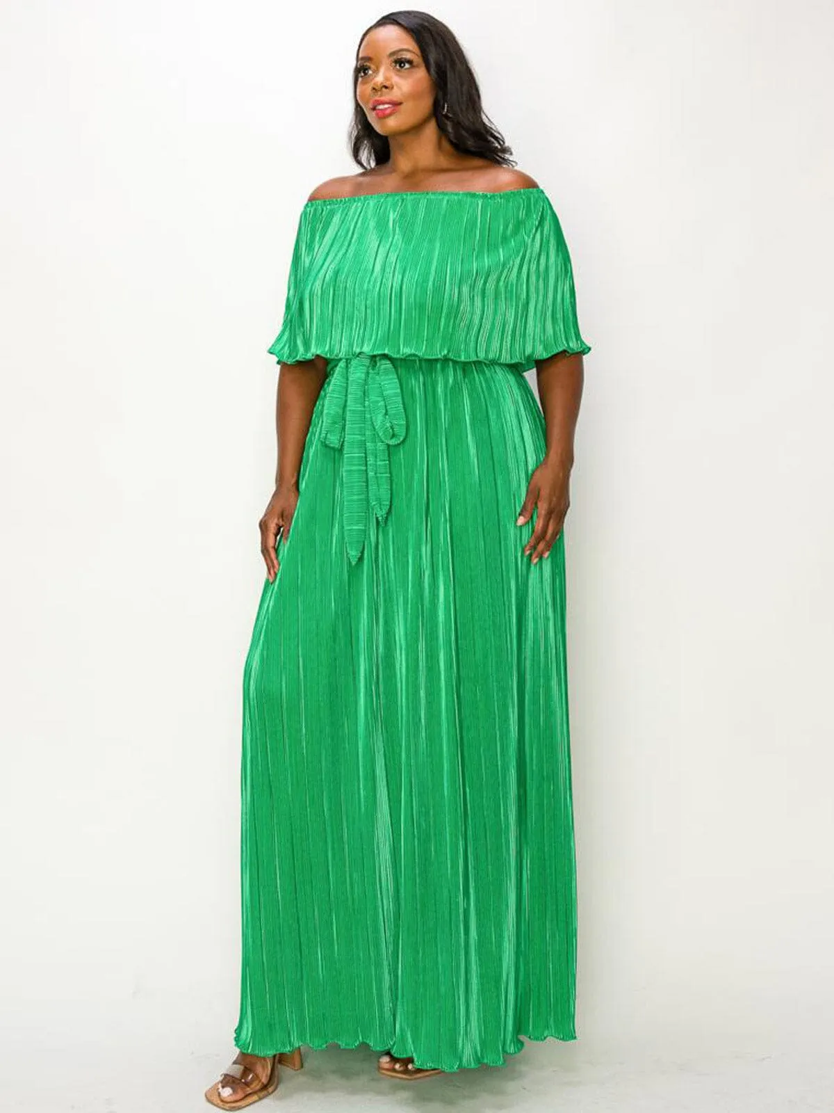 PLUS SIZE OFF SHOULDER RUFFLE SELF TIE PLEATED MAXI DRESS