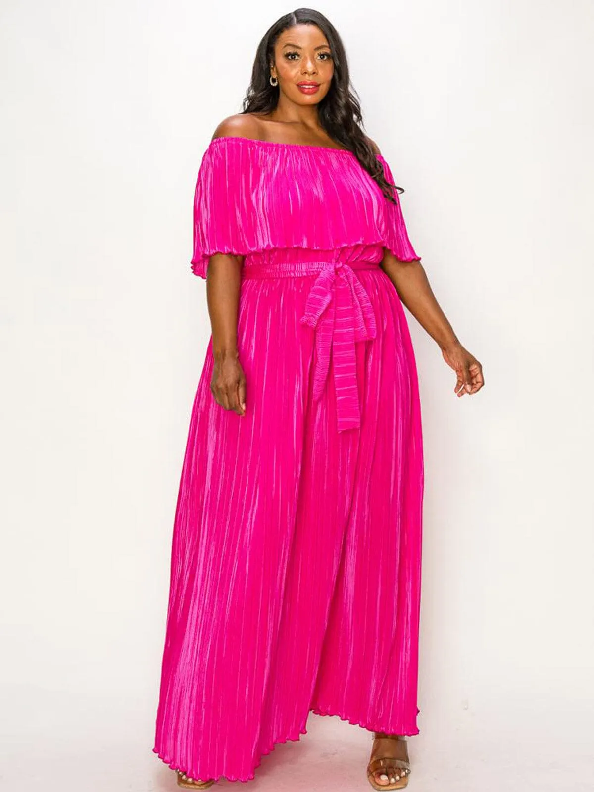 PLUS SIZE OFF SHOULDER RUFFLE SELF TIE PLEATED MAXI DRESS