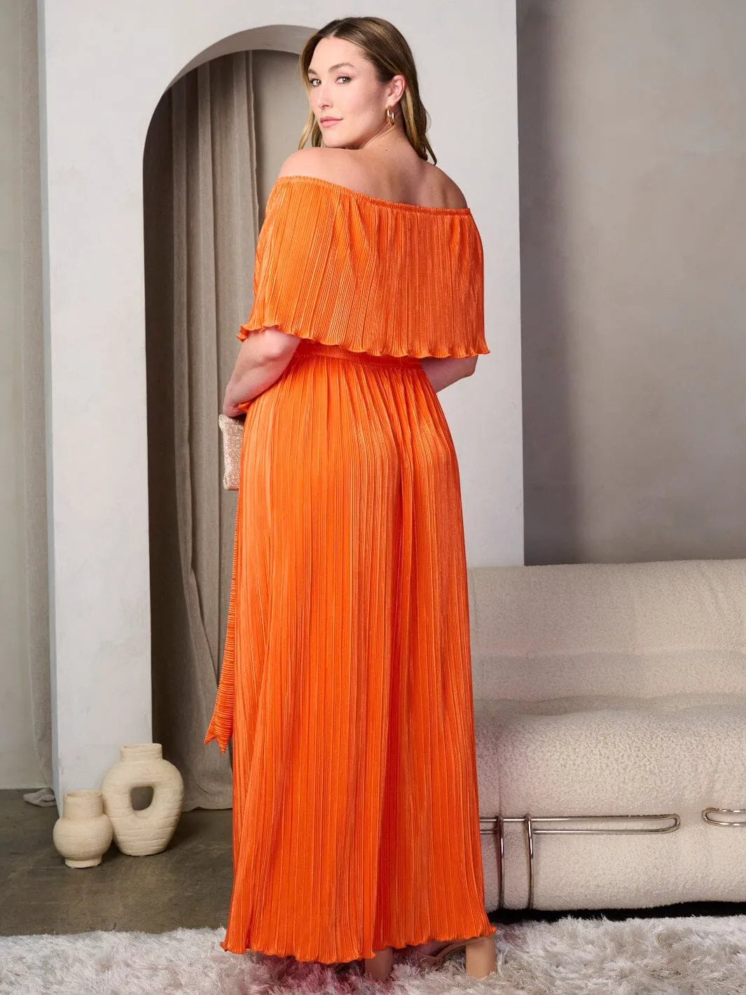 PLUS SIZE OFF SHOULDER RUFFLE SELF TIE PLEATED MAXI DRESS