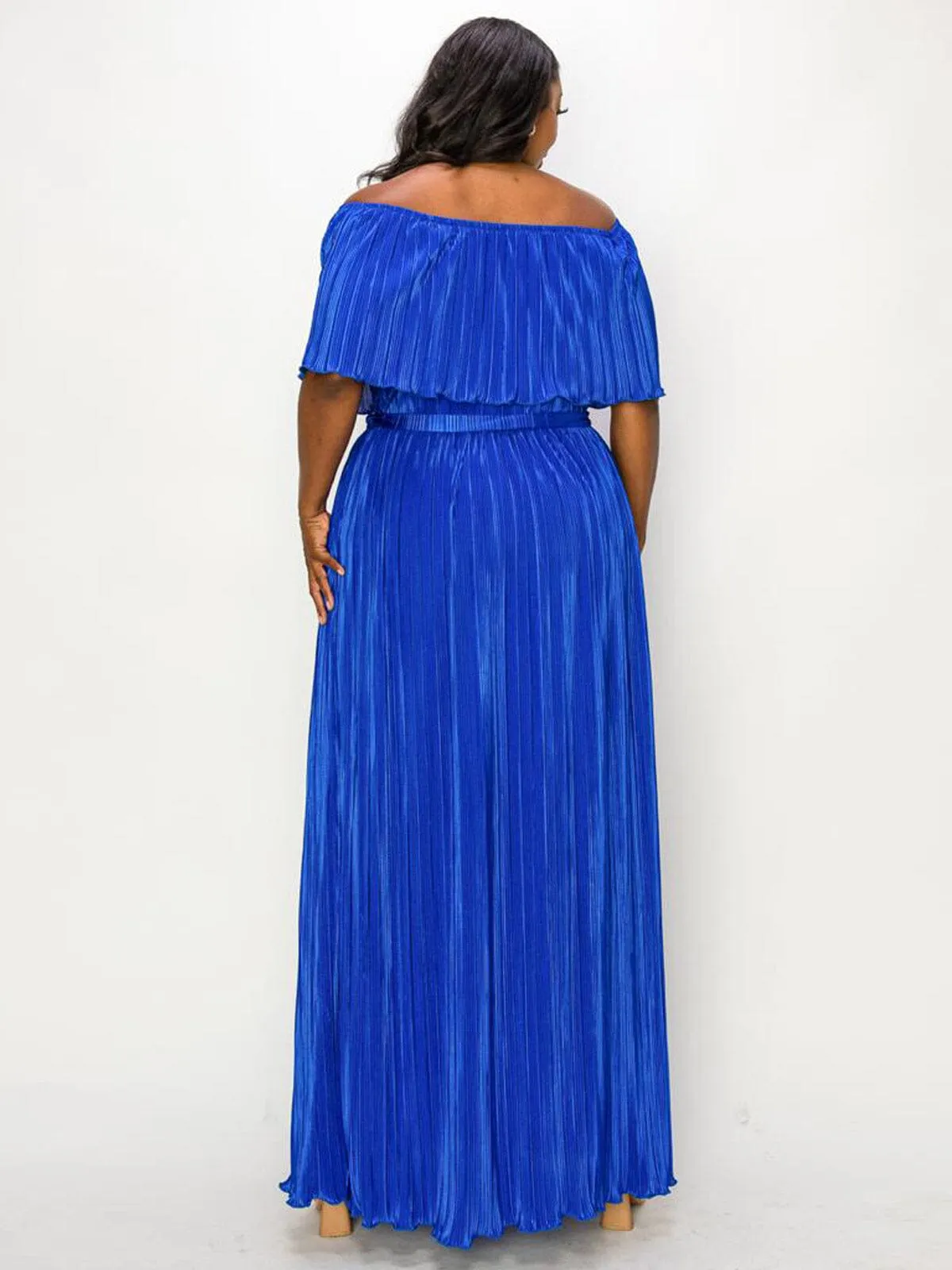 PLUS SIZE OFF SHOULDER RUFFLE SELF TIE PLEATED MAXI DRESS