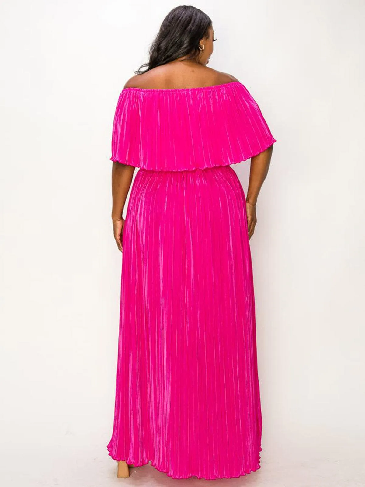 PLUS SIZE OFF SHOULDER RUFFLE SELF TIE PLEATED MAXI DRESS
