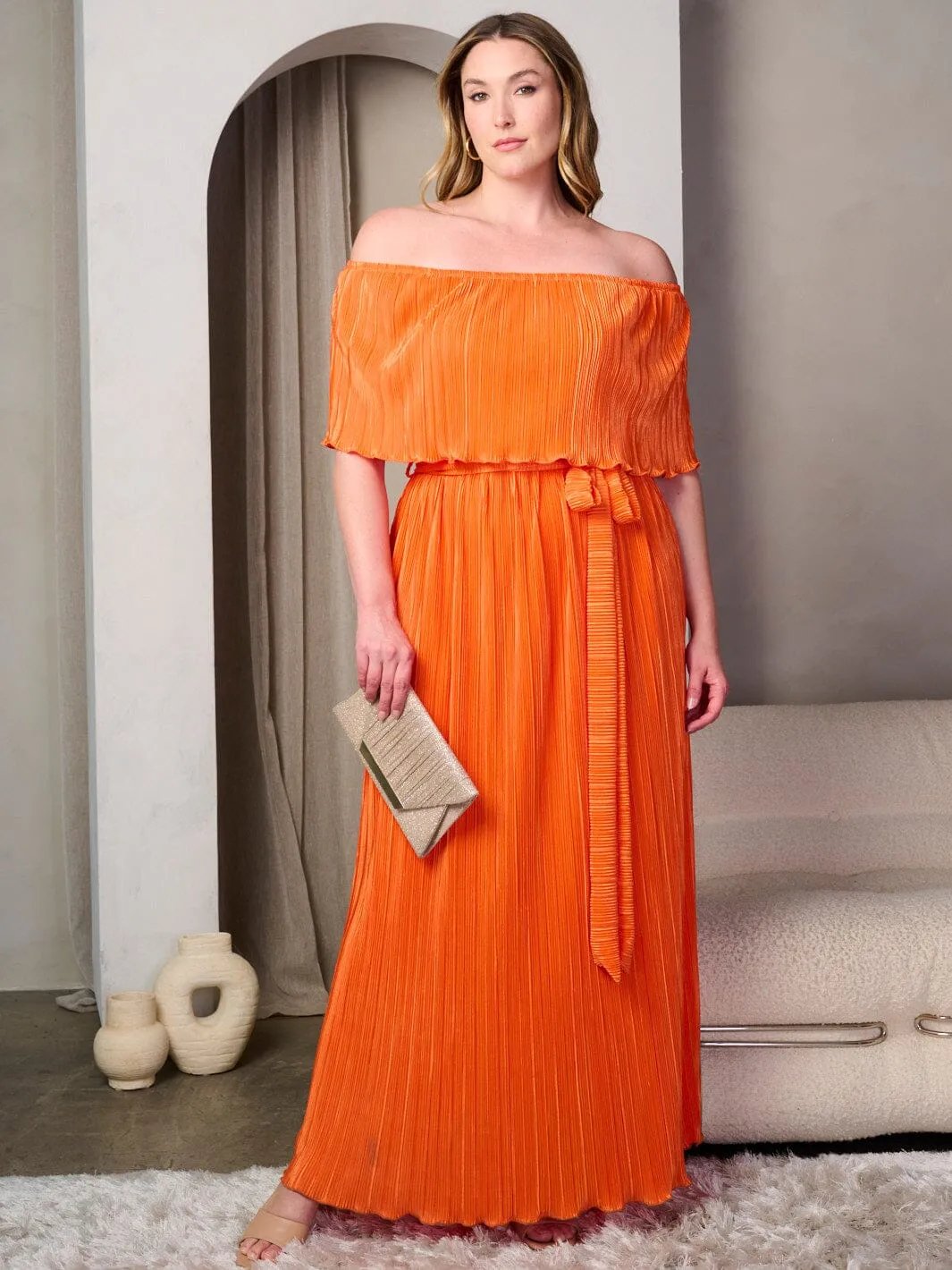 PLUS SIZE OFF SHOULDER RUFFLE SELF TIE PLEATED MAXI DRESS