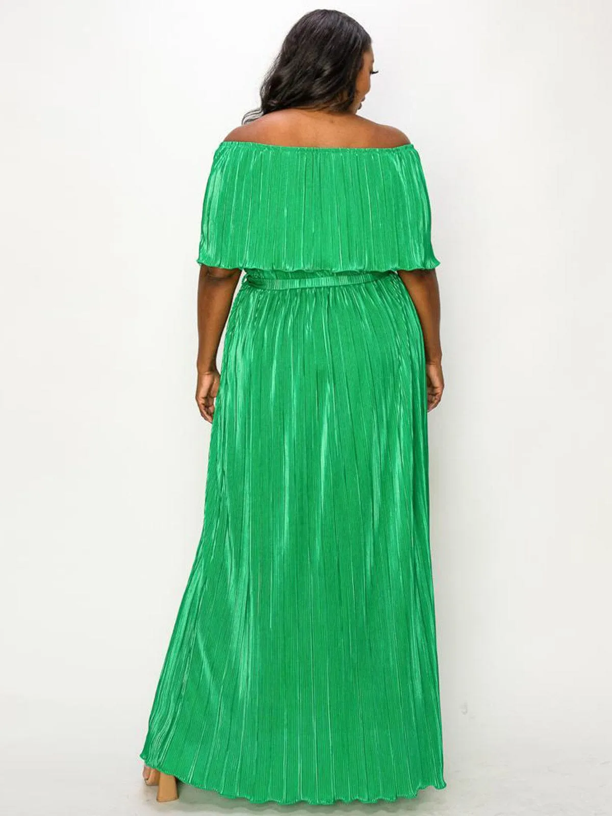 PLUS SIZE OFF SHOULDER RUFFLE SELF TIE PLEATED MAXI DRESS