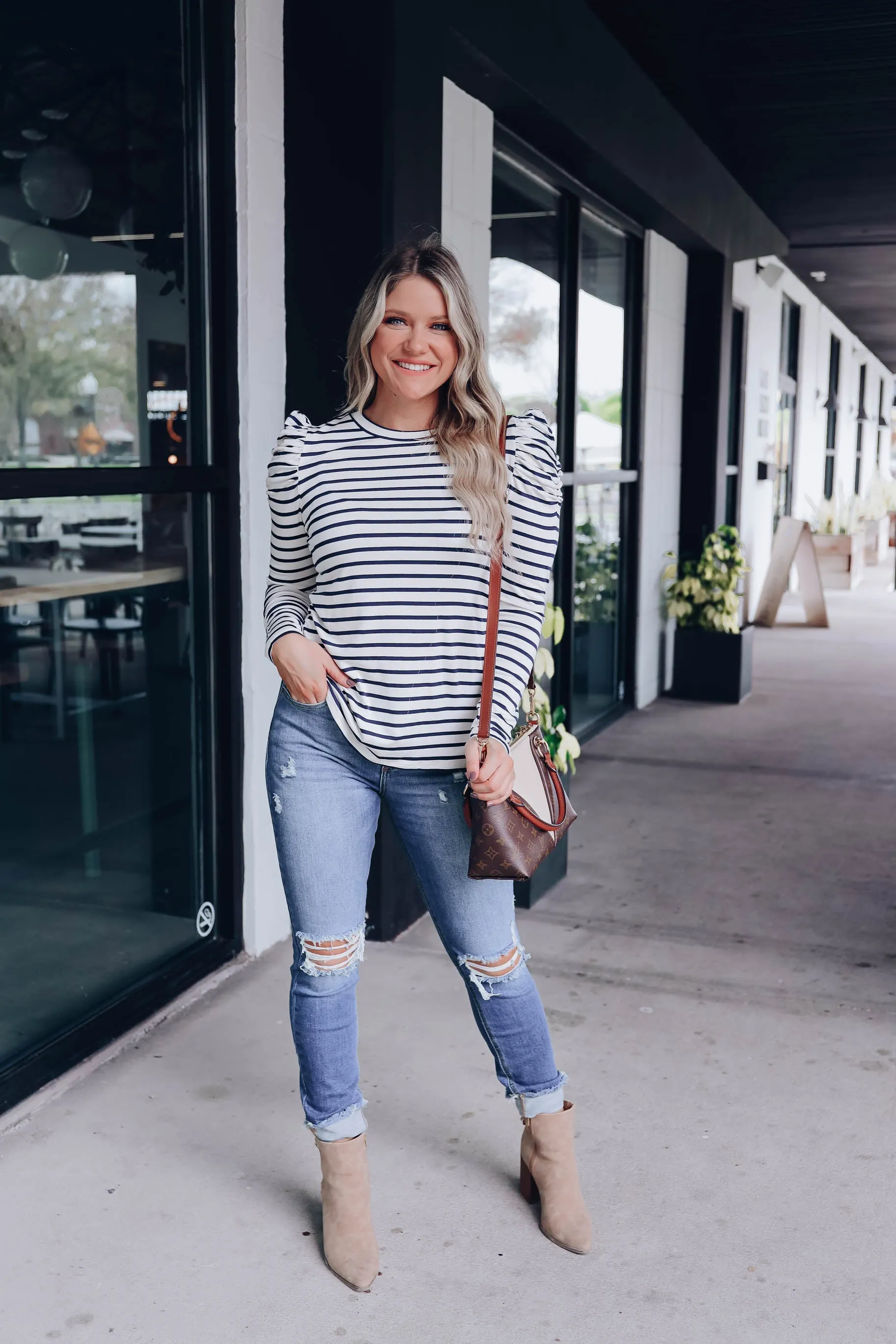 Poised Puff Shoulder Top - White/Navy - WHS