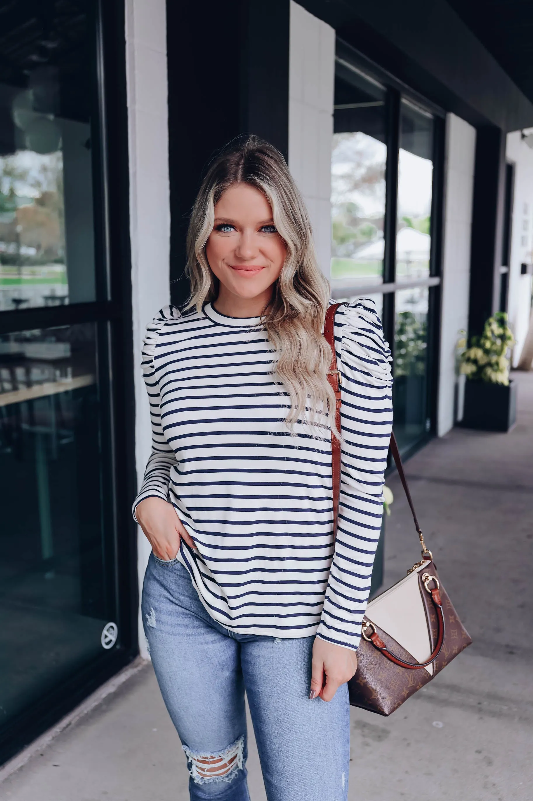 Poised Puff Shoulder Top - White/Navy - WHS