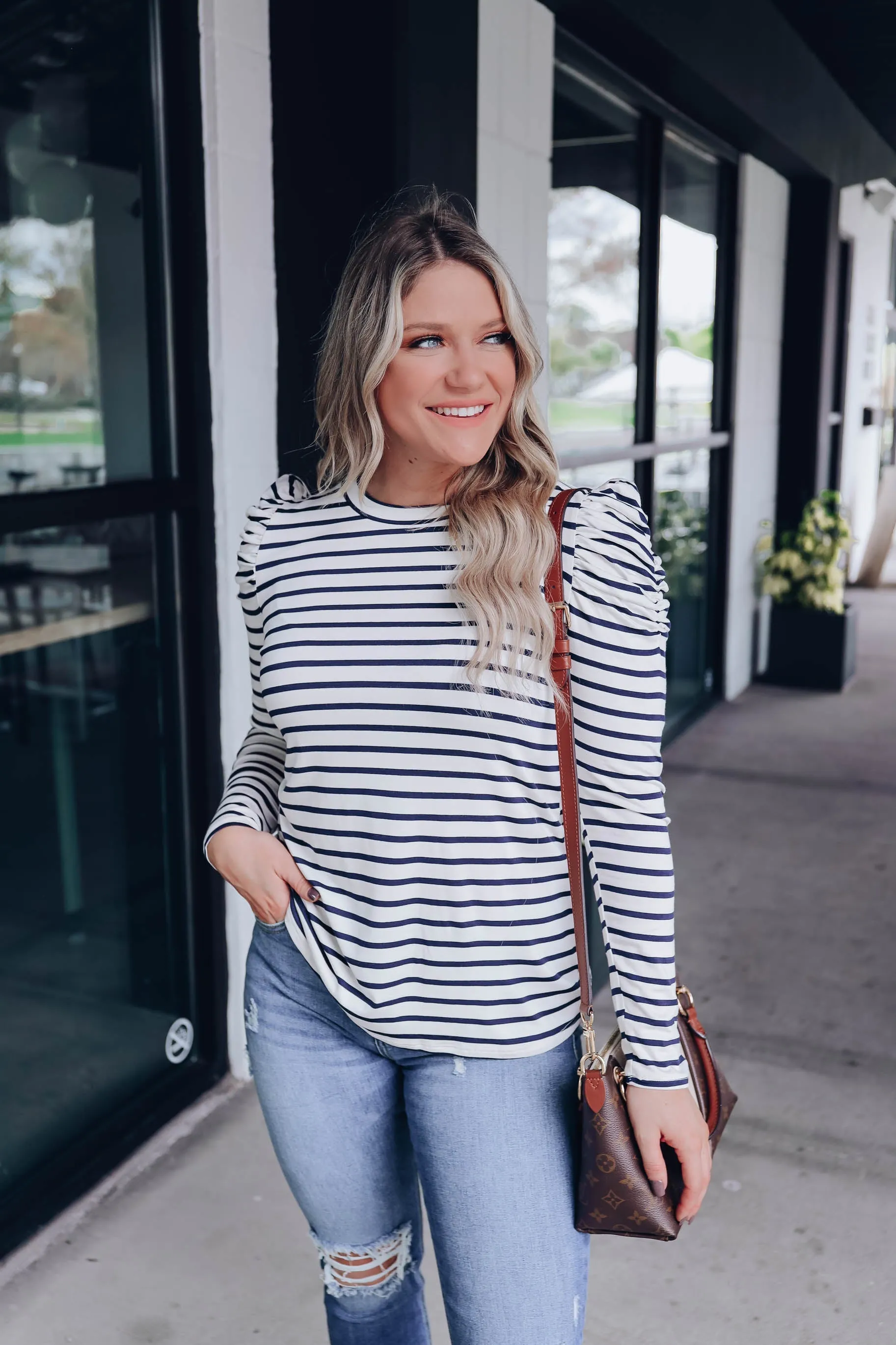 Poised Puff Shoulder Top - White/Navy - WHS