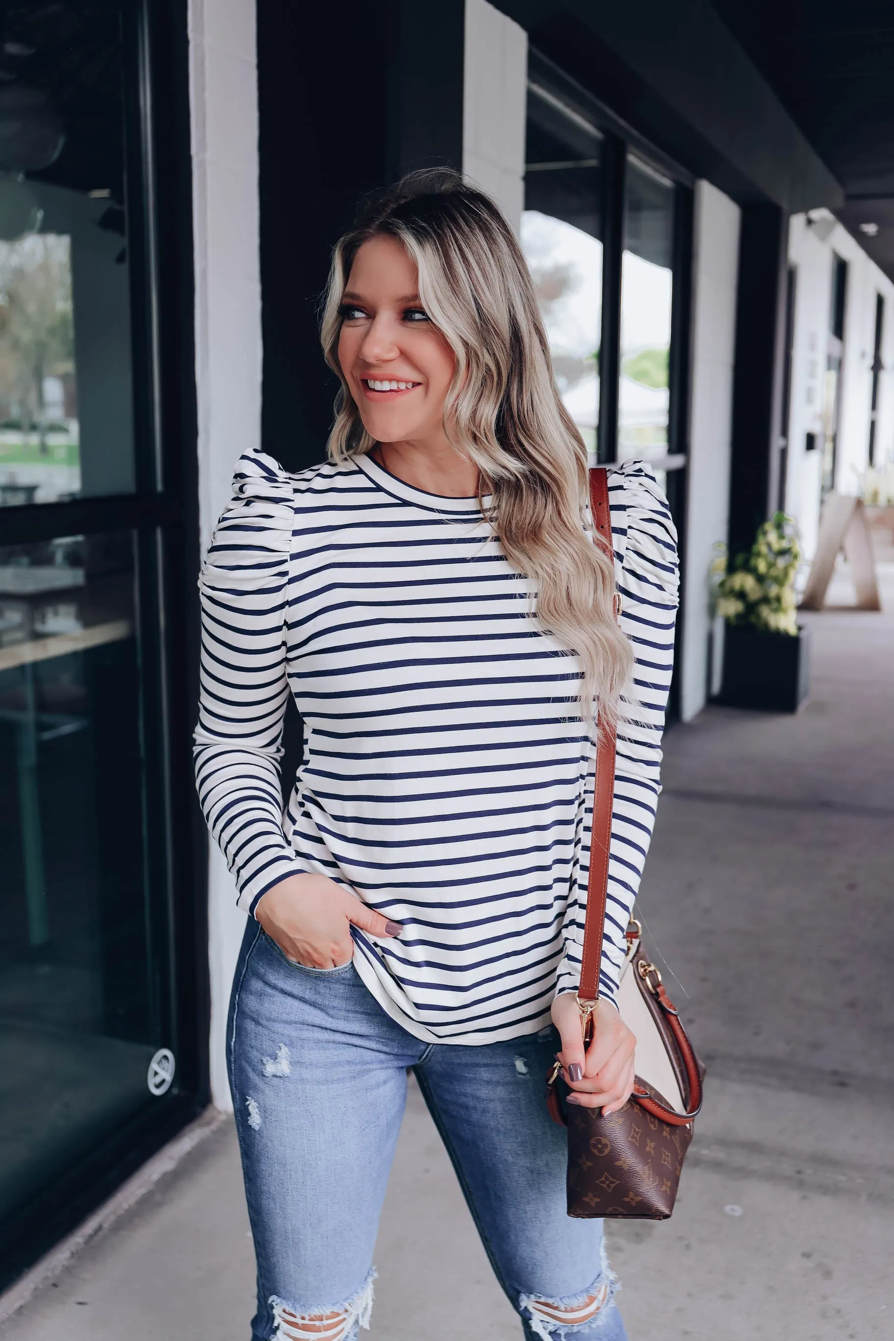 Poised Puff Shoulder Top - White/Navy - WHS