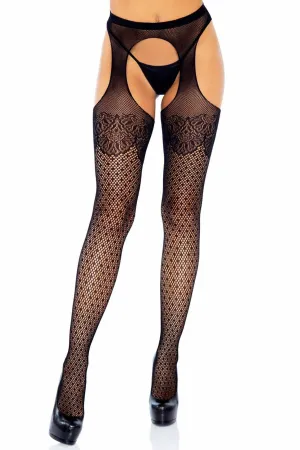 Polka Dot Fishnet With Lace Top, Cuban Heel Fishnet Suspender Pantyhose