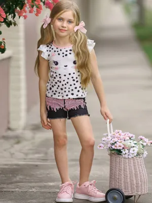 Polka Dot Kitty Sequin Denim Shorts Set