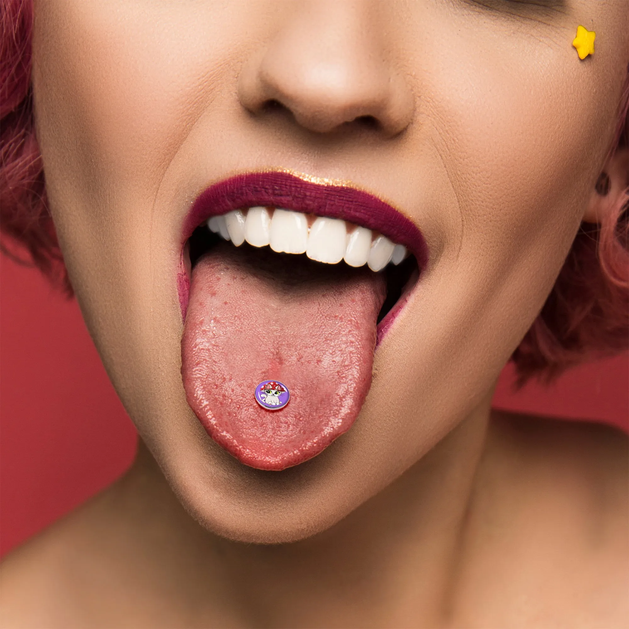 Polka Dot Mushroom Hat Cat Barbell Tongue Ring