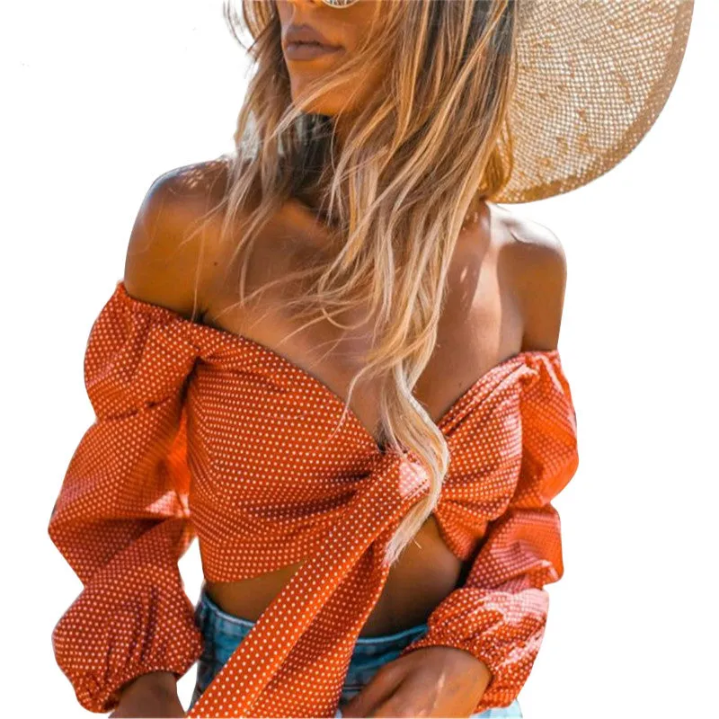 Polka Dot Off Shoulder Crop Top Blouse