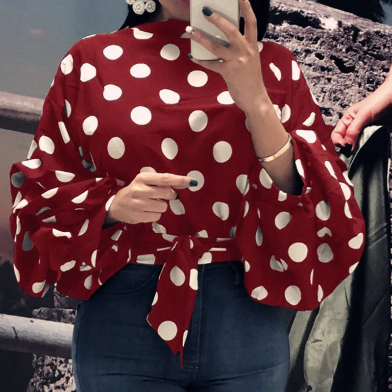 Polka Dot Print Lantern Sleeve Tied Blouse
