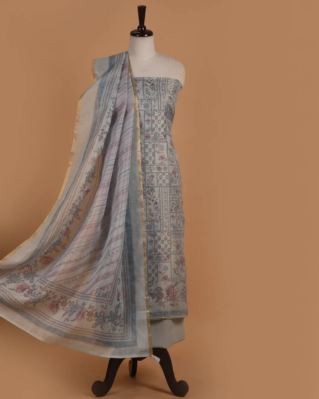 Powder Blue Linen Tissue Blend Printed With Embroidery Unstitched Suit Fabric Set With Linen Tissue Blend Dupatta