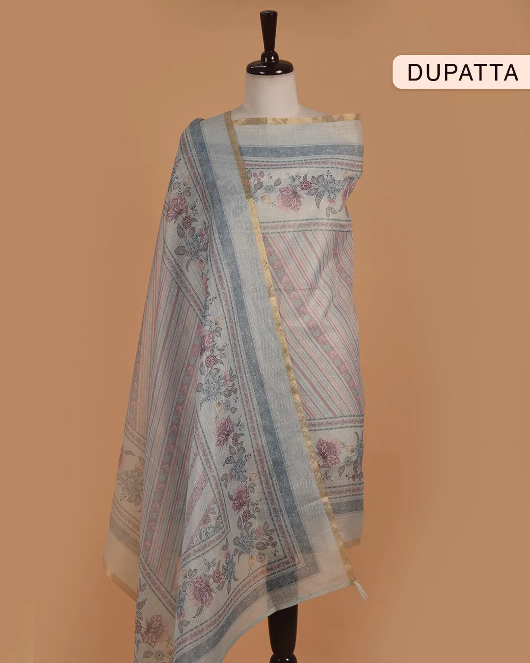 Powder Blue Linen Tissue Blend Printed With Embroidery Unstitched Suit Fabric Set With Linen Tissue Blend Dupatta