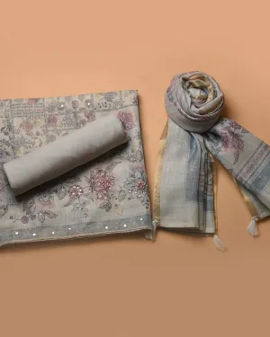 Powder Blue Linen Tissue Blend Printed With Embroidery Unstitched Suit Fabric Set With Linen Tissue Blend Dupatta
