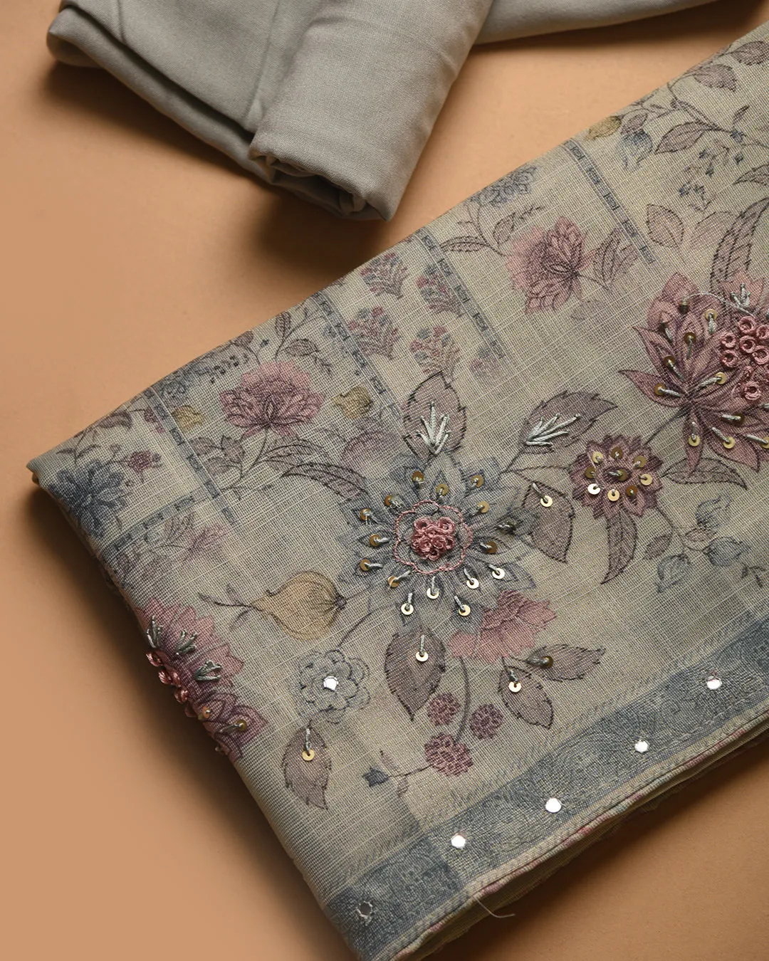 Powder Blue Linen Tissue Blend Printed With Embroidery Unstitched Suit Fabric Set With Linen Tissue Blend Dupatta