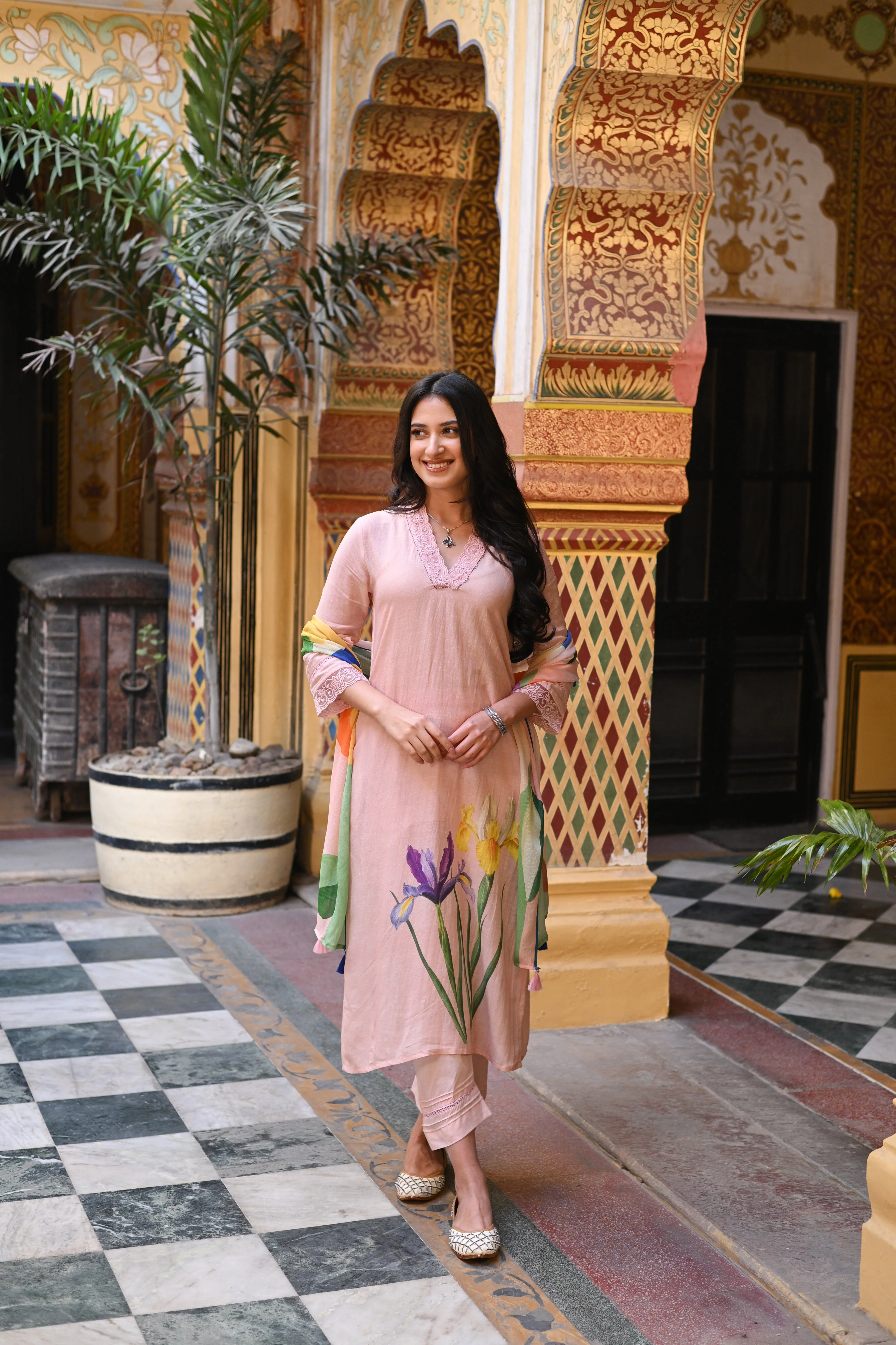 Powder Pink Pure Linen Floral Print Placement Suit set with Multicoloured Dupatta
