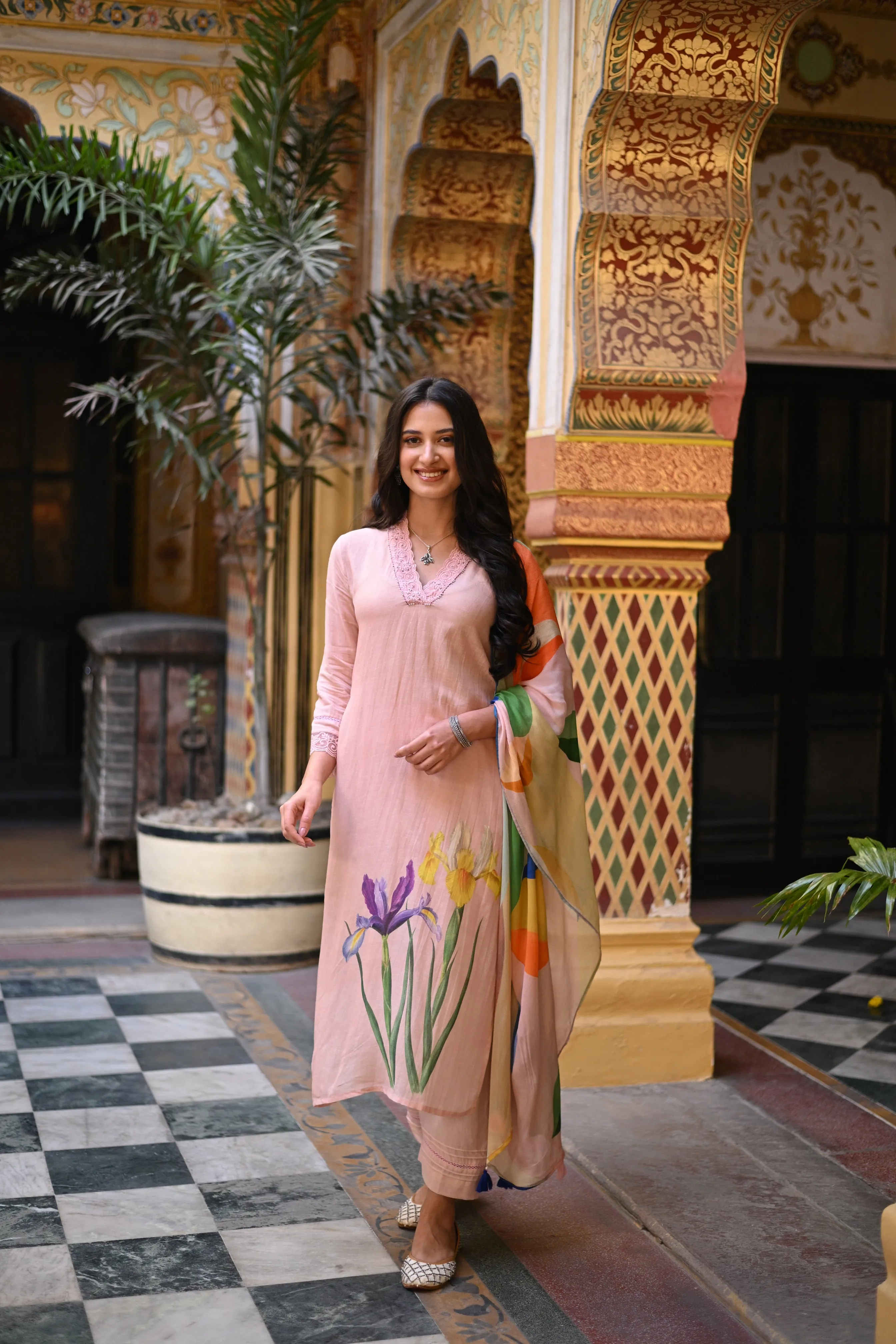 Powder Pink Pure Linen Floral Print Placement Suit set with Multicoloured Dupatta