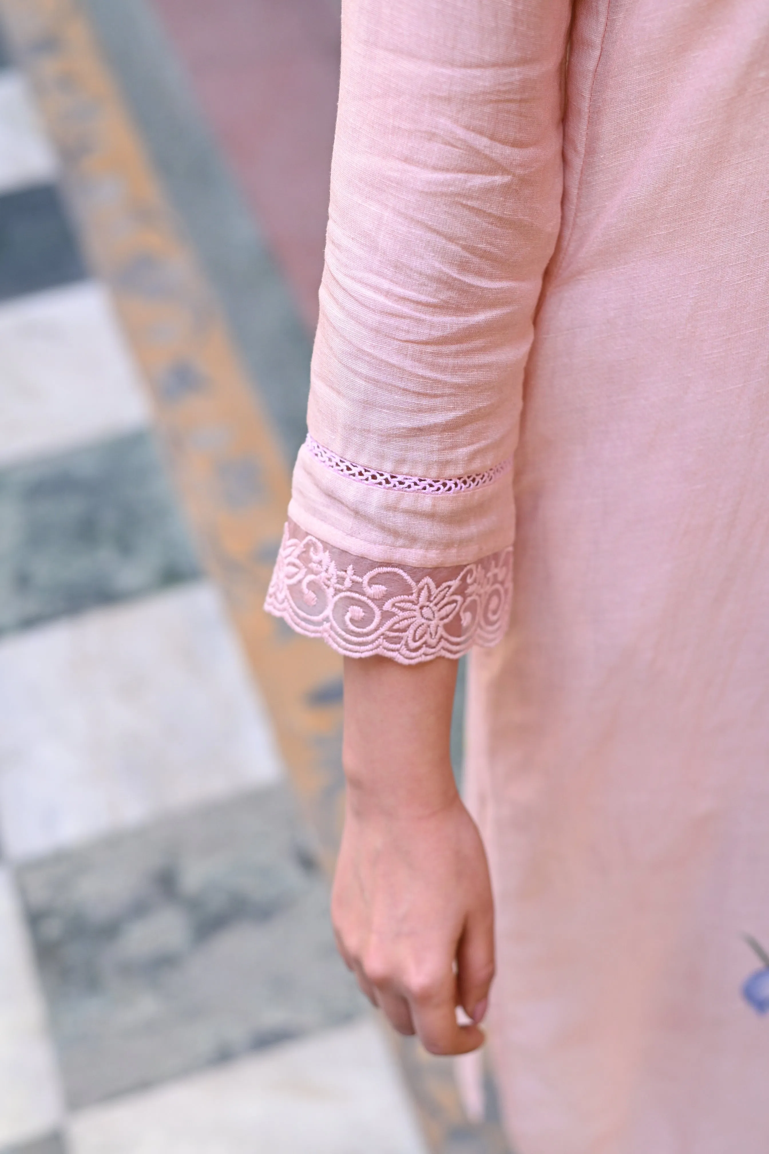 Powder Pink Pure Linen Floral Print Placement Suit set with Multicoloured Dupatta