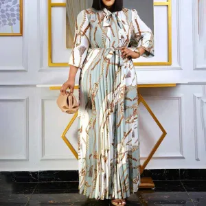 Print Long Sleeve Belted Pleated Shirt Maxi Dress