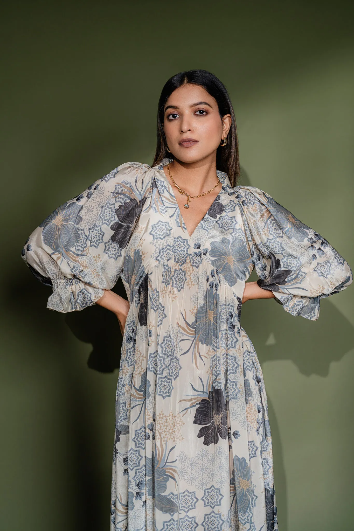 Printed Pleated V-Neck Dress