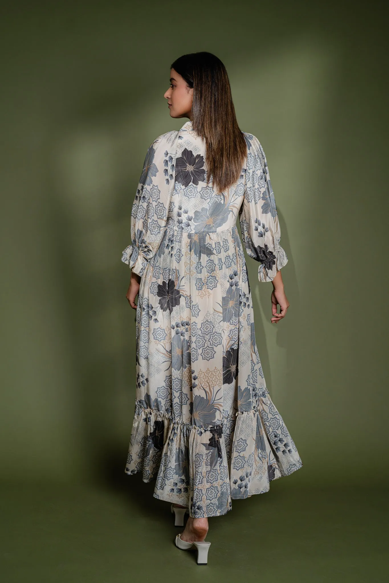 Printed Pleated V-Neck Dress