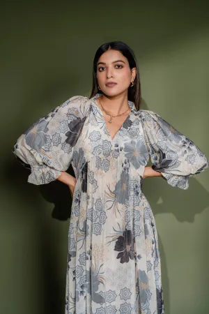Printed Pleated V-Neck Dress